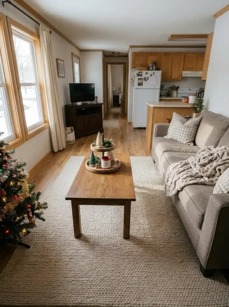 Compact two-tier Christmas tray with miniature trees and a holiday mug positioned away from the main sightline on a mobile home coffee table.