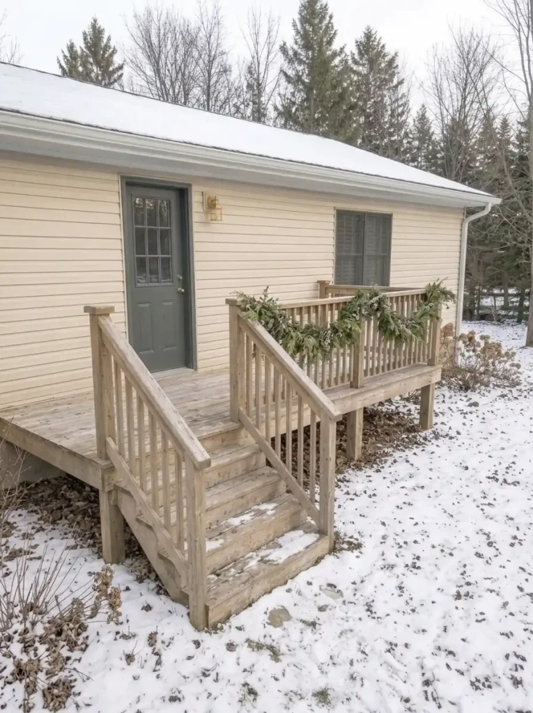 Subtle winter cedar and berry decorations on the exterior railing of a small manufactured-home deck.