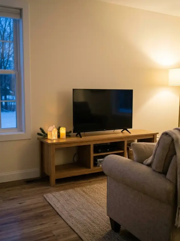 Flameless Christmas display on the cool end of a mobile home TV console, clear of electronics and ventilation.