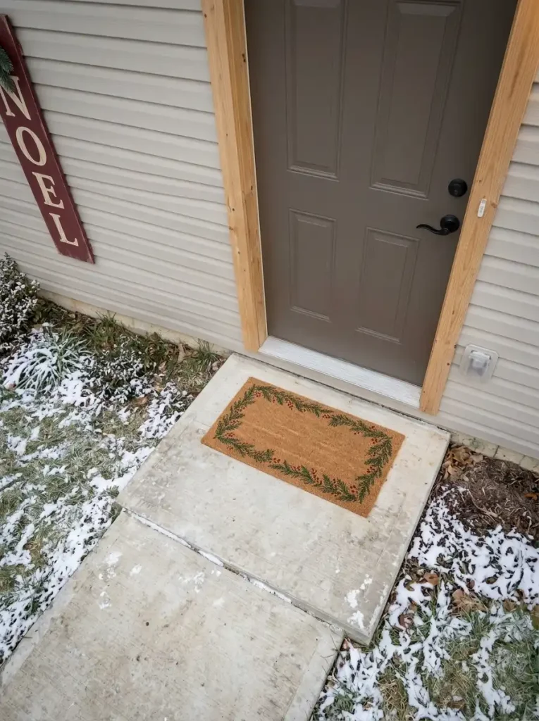 Flat Christmas welcome mat on a single-step manufactured-home landing with an unobstructed doorway.