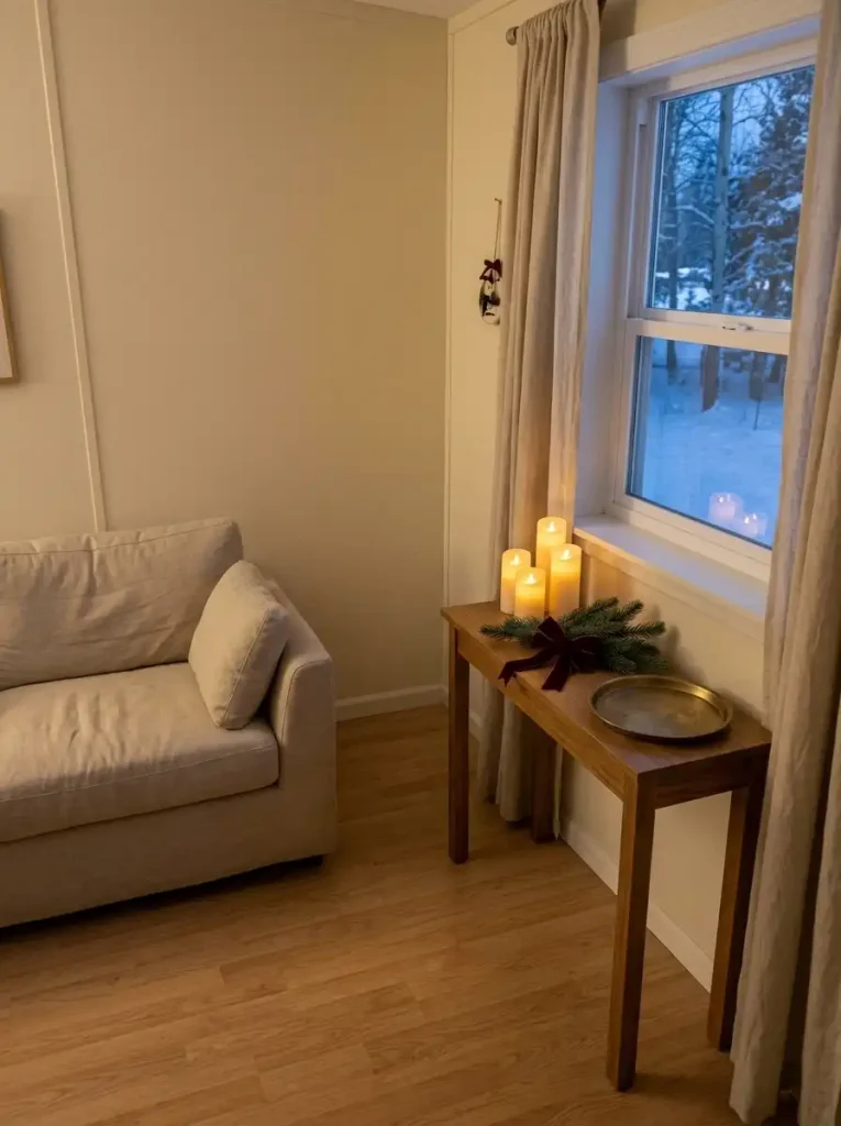Narrow wooden console with flameless Christmas candles and evergreen decorations beside a mobile home window.