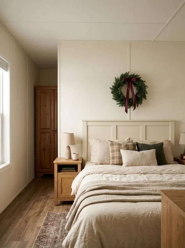 Single evergreen Christmas wreath with burgundy ribbon centered above an ivory headboard in a small manufactured-home bedroom.