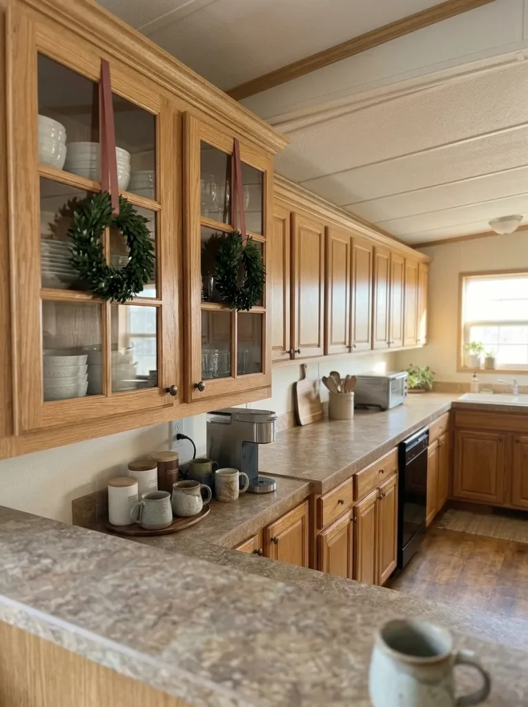 Airy mini Christmas wreaths on glass-front kitchen cabinet doors with white plates still visible behind the glass.
