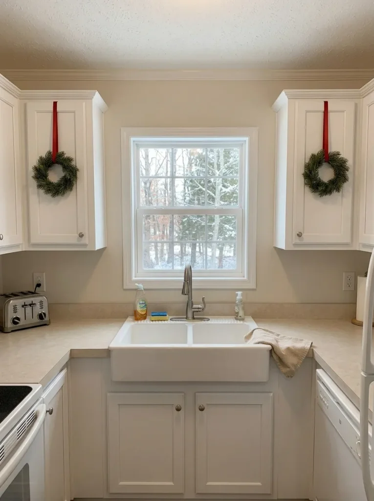 Two matching evergreen wreaths on white cabinets flanking an unobstructed mobile home kitchen sink window.