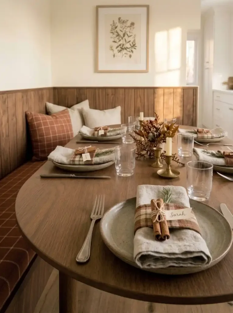 Small cinnamon-stick bundles holding guest name flags beside linen napkins on a narrow walnut dining table.
