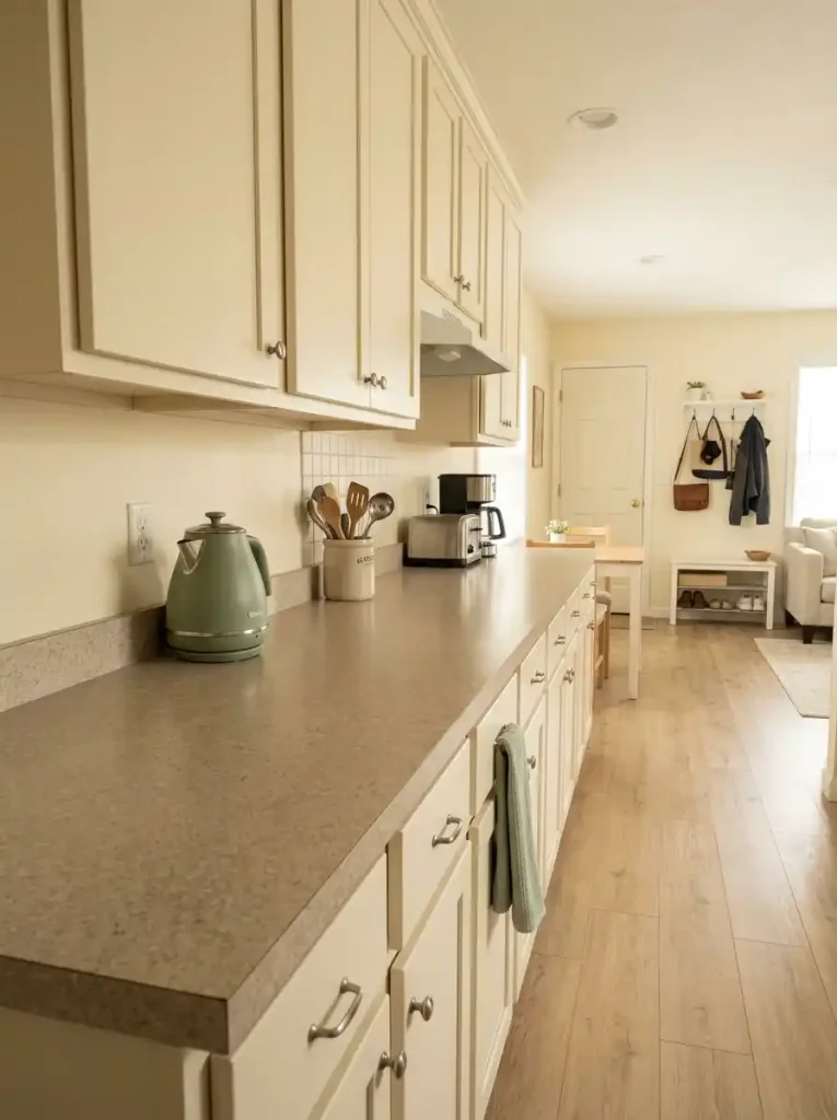 Compact mobile home kitchen with daily appliances kept at the backsplash and a clear prep area protected from household clutter.