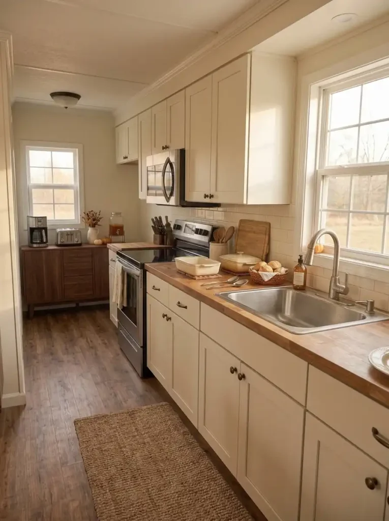 Cleared short kitchen countertop arranged for Thanksgiving dishes with everyday appliances moved away.