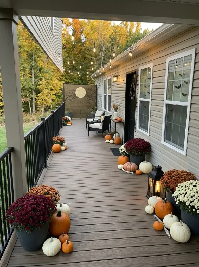 Halloween decorations stay along the perimeter of a mobile home patio while the route to the door remains open.