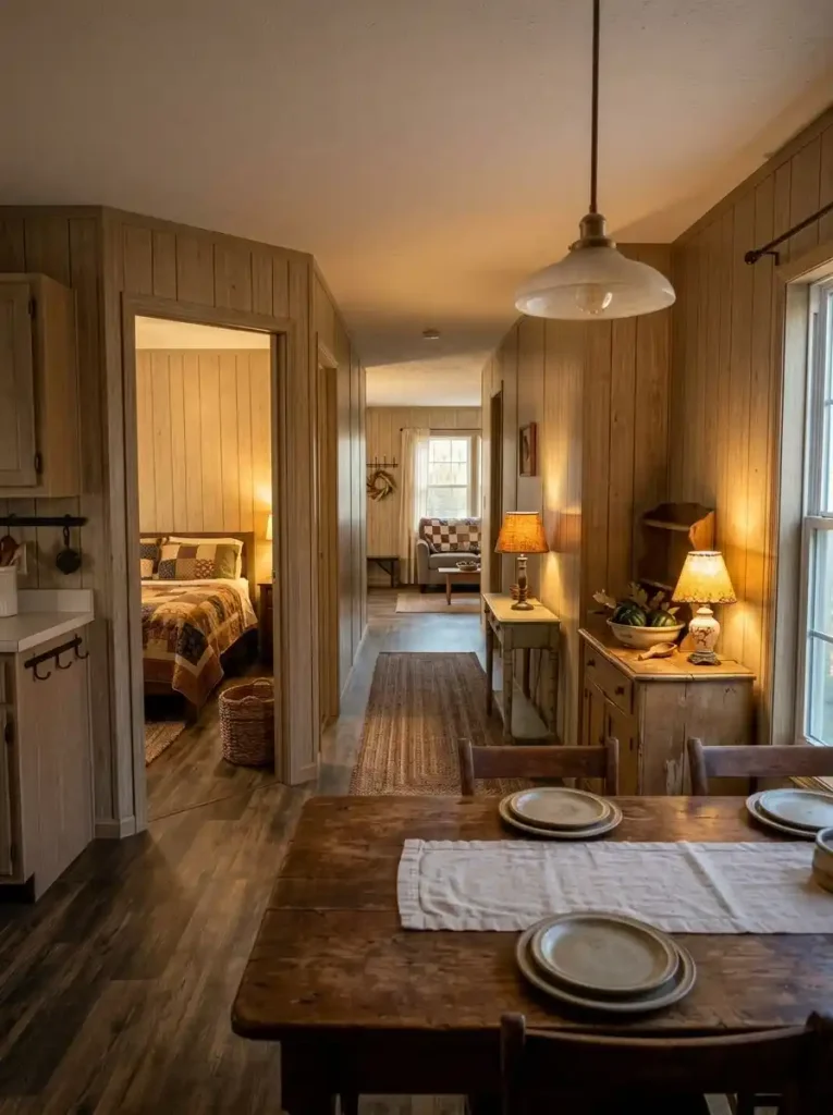 Edited primitive fall mobile home interior with a few seasonal focal points and repeated worn wood, pottery and woven textures.