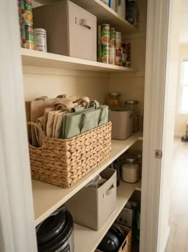 Mobile home storage shelf with household categories kept inside separate containers that act as clear capacity boundaries.