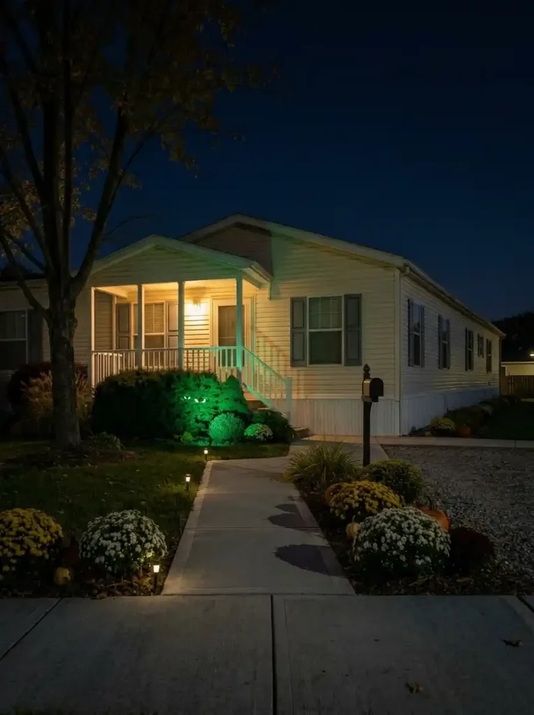 One shrub beside a mobile home walkway washed with green Halloween light while the porch remains warm and neutral.