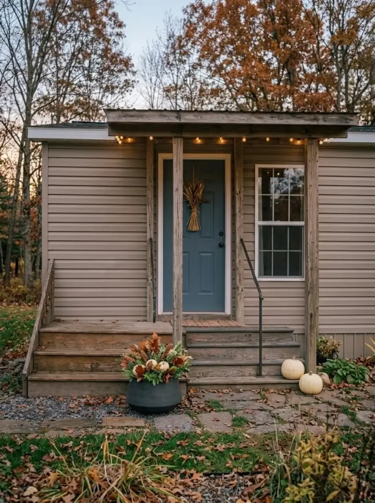 Copper-and-ivory Thanksgiving decorations with cream pumpkins and warm lights around a compact taupe mobile-home entrance.
