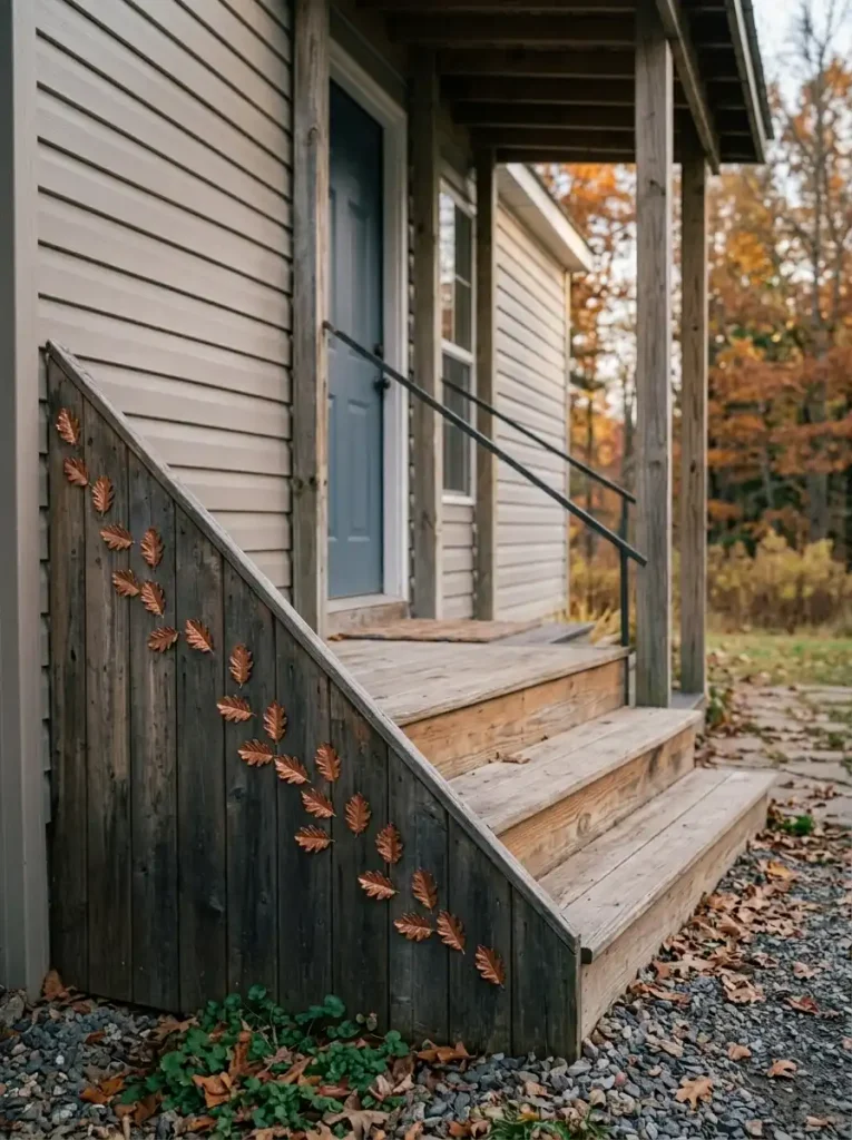 Copper leaf accents decorating the outside stair skirt of a taupe mobile home, leaving the wooden steps and railings uncovered.