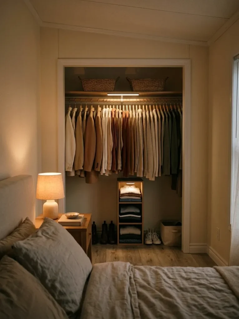 Small mobile home closet illuminated by discreet rechargeable shelf lights above hanging clothes and folded storage.