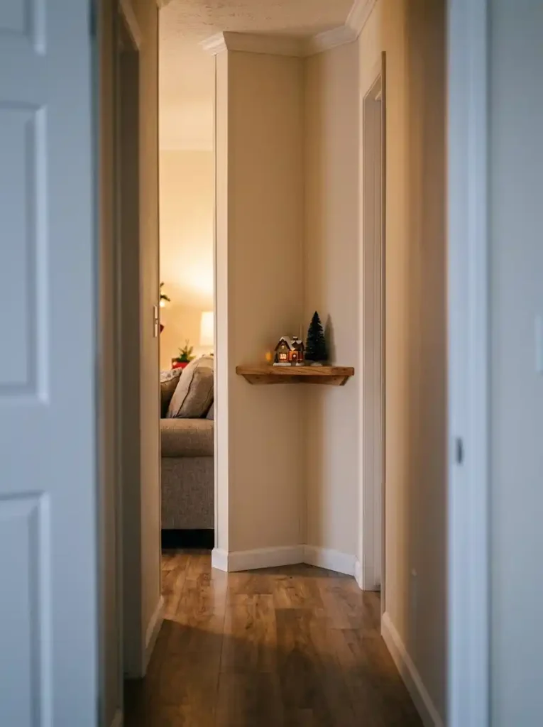 Small flameless-lit ceramic Christmas house on a corner shelf visible from an open mobile home hallway.