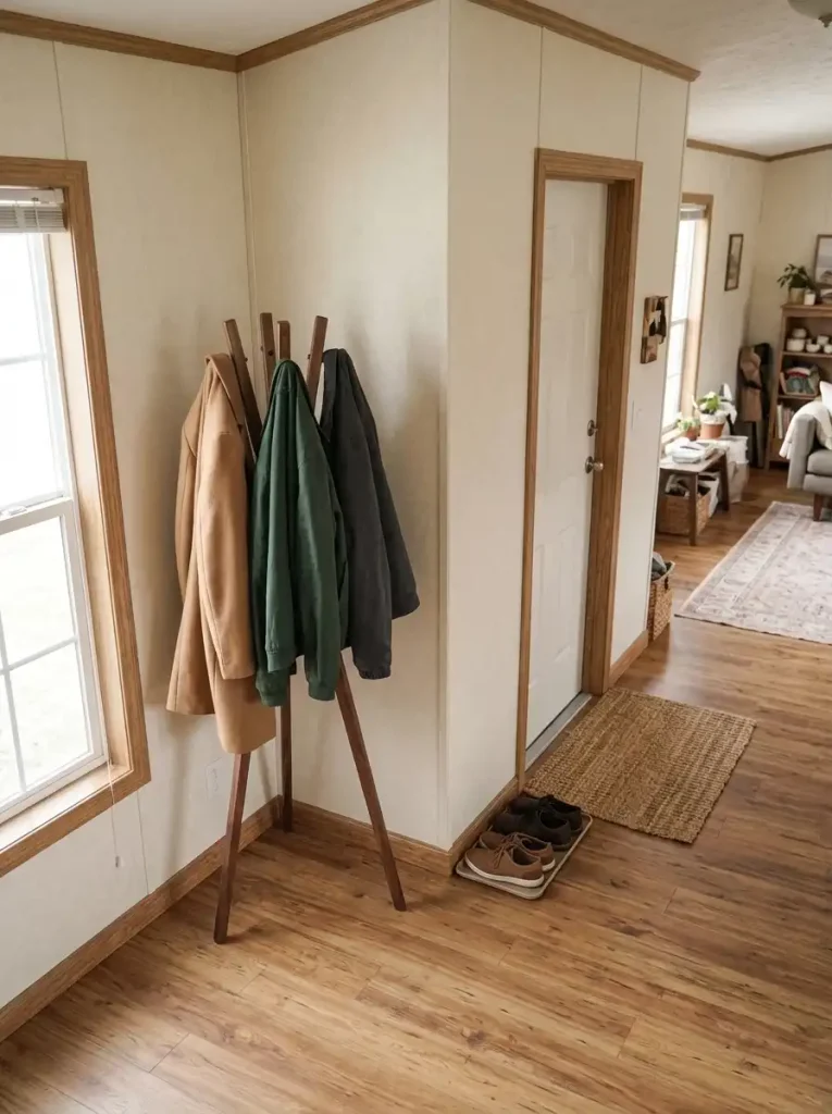Freestanding walnut coat stand with three jackets in an unused mobile home entry corner, away from the door and walkway.
