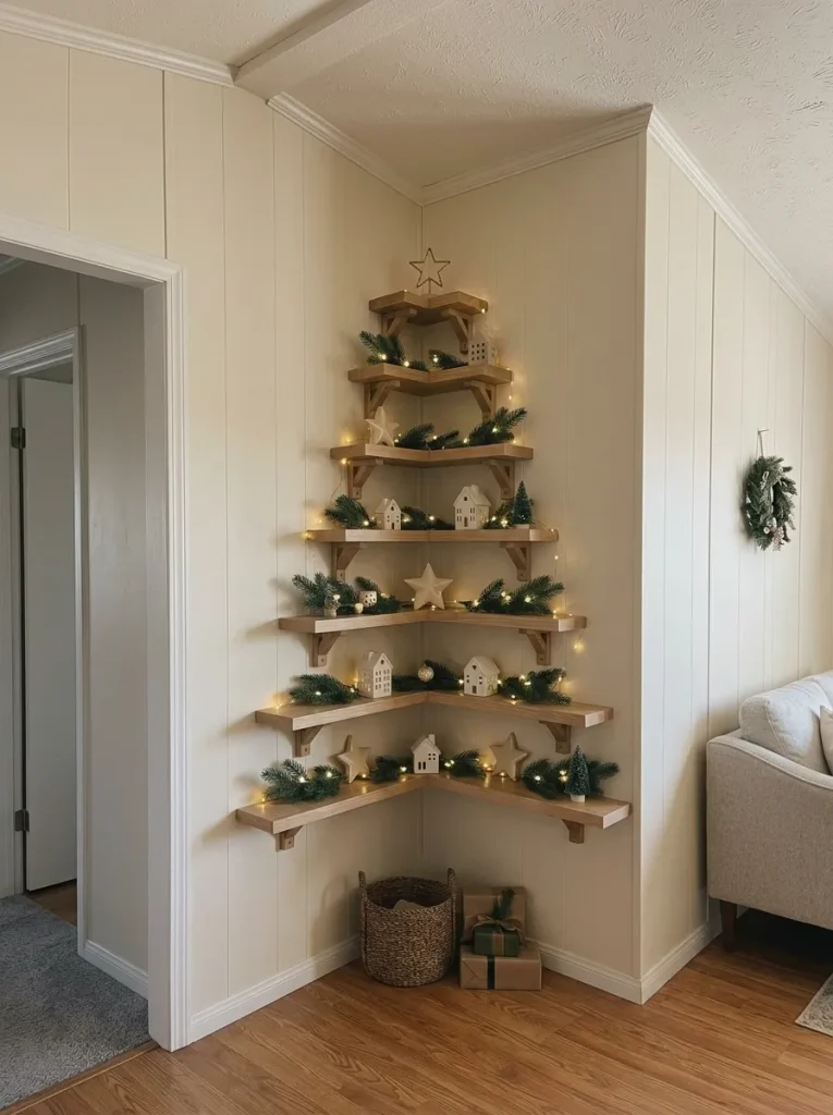 Wooden Christmas tree shelves wrapping around an inside corner in a narrow manufactured-home living room.
