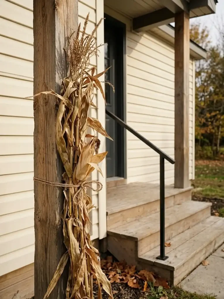 Dried cornstalk bundle tied to the outside of a cedar post on a small mobile-home porch, clear of the steps and handrail.