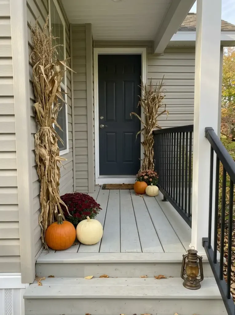 Cornstalks frame a narrow mobile-home front door above low pumpkins and burgundy mums while the entrance remains clear.