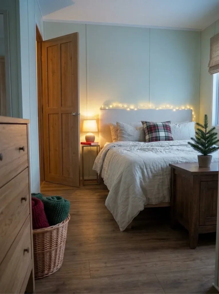 Warm Christmas wall lights glowing above a cream upholstered bed at dusk, with a functional bedside lamp in a mobile-home bedroom.