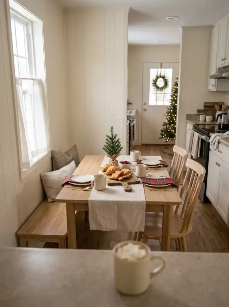 Cozy Christmas breakfast nook with plaid napkins, cocoa mugs, white breakfast plates, and a shared pastry board.