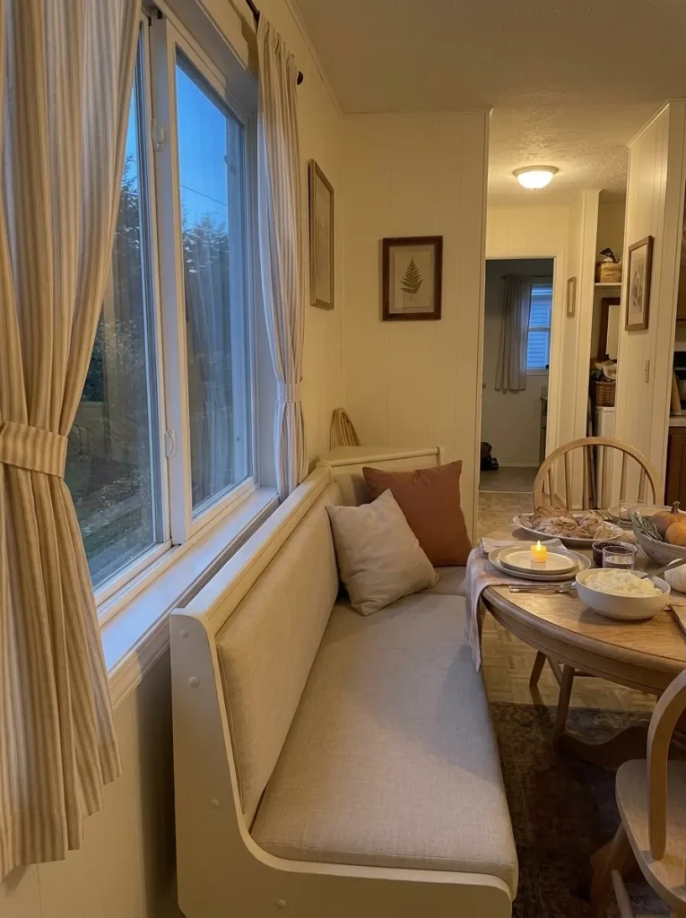Warmly lit Thanksgiving dining nook with a flameless candle, round wooden table, and cream built-in bench.