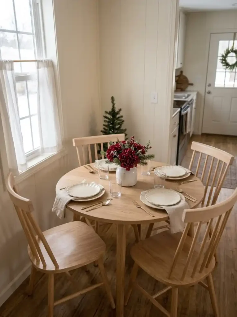 Round Christmas dining table with white scalloped plates, oatmeal napkins, and a compact cranberry-red floral centerpiece.