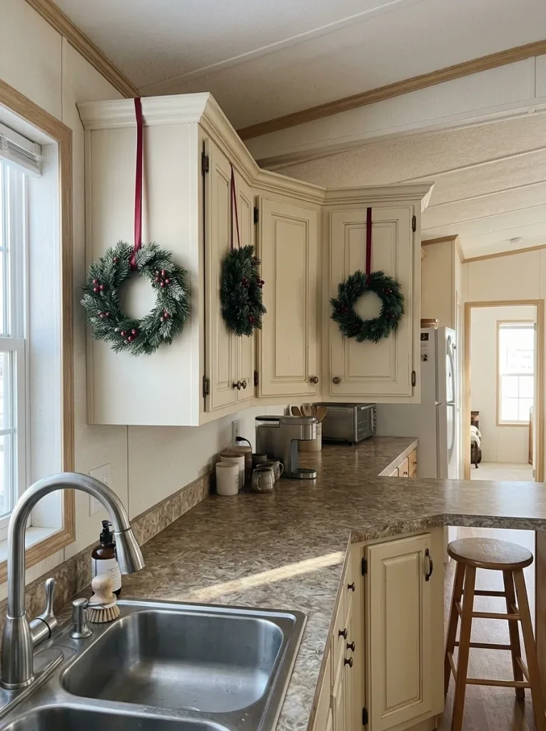 Cream mobile home kitchen cabinets with small cranberry-berry wreaths and lightly frosted evergreen greenery.