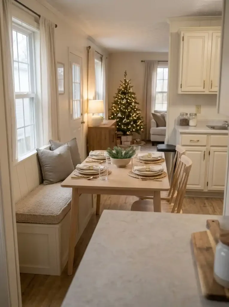 Cream and champagne-gold Christmas place settings on a compact dining table beside a white mobile-home kitchen.