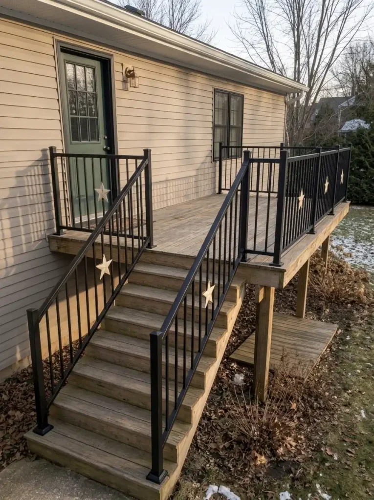Cream Christmas star decorations on black metal railing outside a manufactured home.