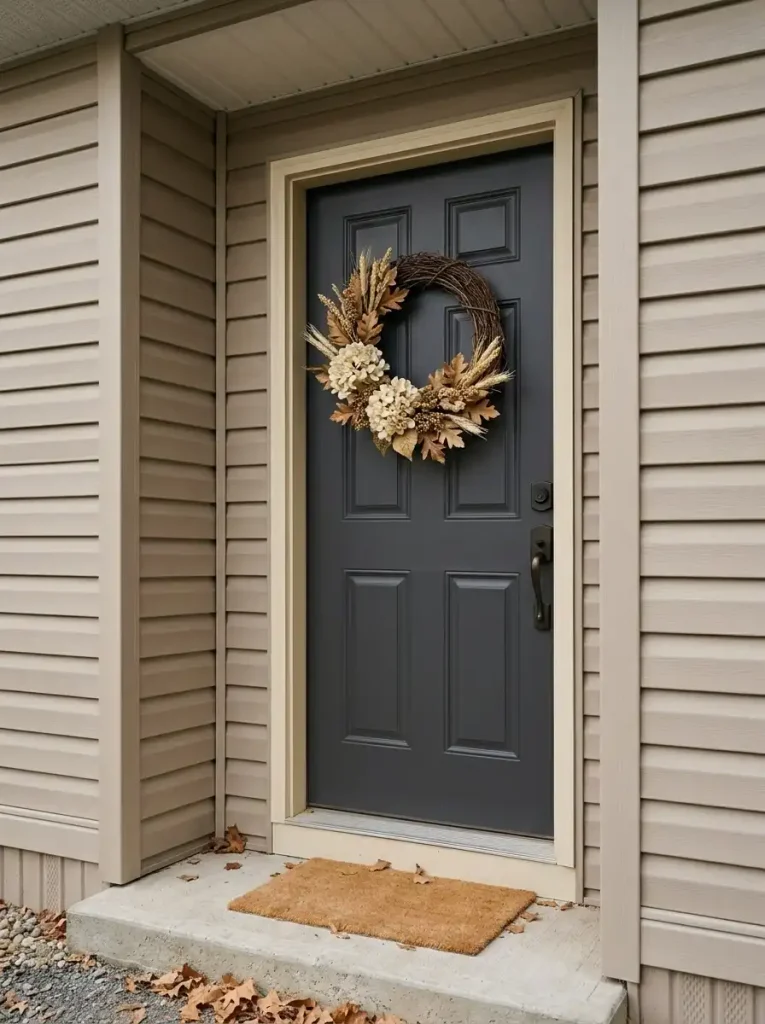 Cream hydrangea and bronze-leaf Thanksgiving wreath contrasting with a charcoal manufactured home front door.