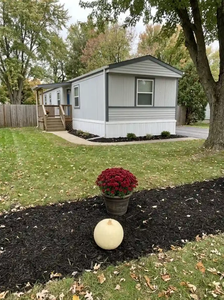 Cream pumpkin contrasts with a deep-red mum, dark pot, and bark mulch below white mobile home skirting.