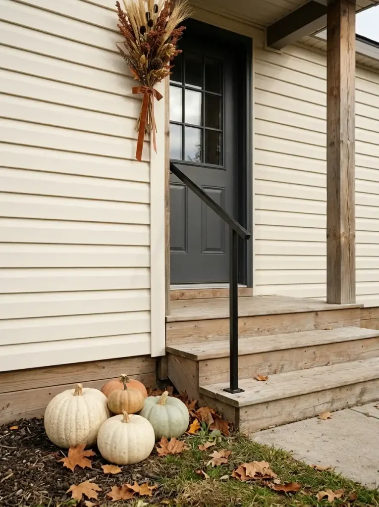 Ivory and muted-orange pumpkins grouped beside the lowest step of a manufactured-home porch, leaving all three steps clear.