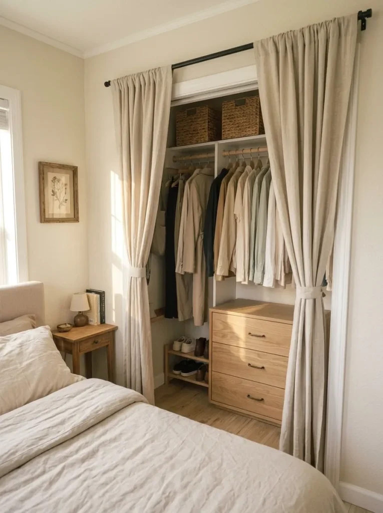 Small mobile home bedroom closet with oatmeal linen curtains tied back beside a bed, leaving the walkway clear.