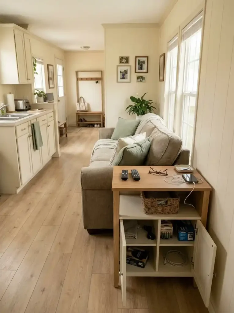 Mobile home living room with frequently used items stored close to the sofa while backup supplies occupy secondary storage.