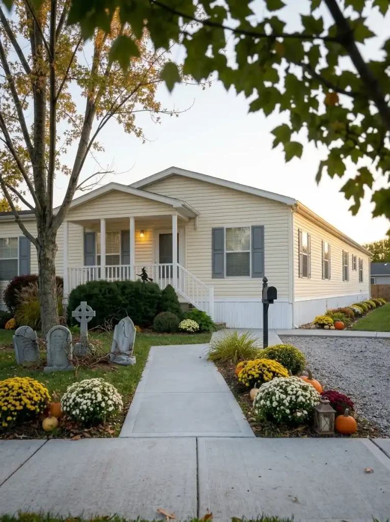 Daytime mobile home Halloween yard with one main graveyard scene, a smaller mailbox accent and generous open lawn.