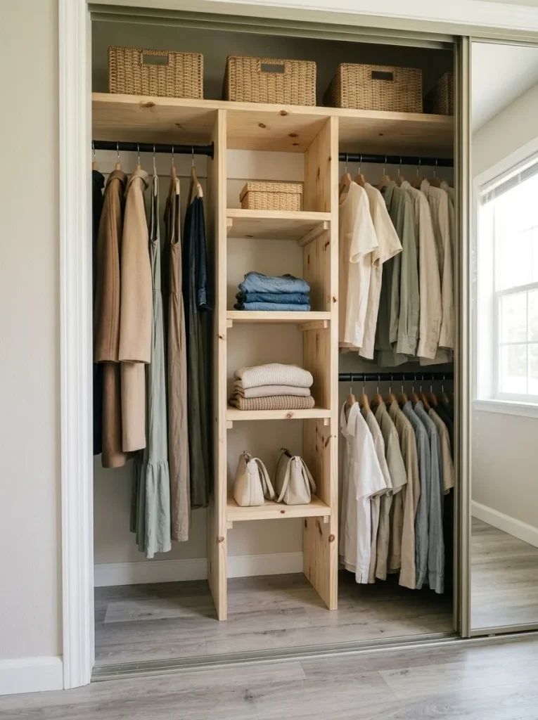 DIY pine closet organizer with a central vertical shelf tower and hanging rods on both sides in a small mobile home.