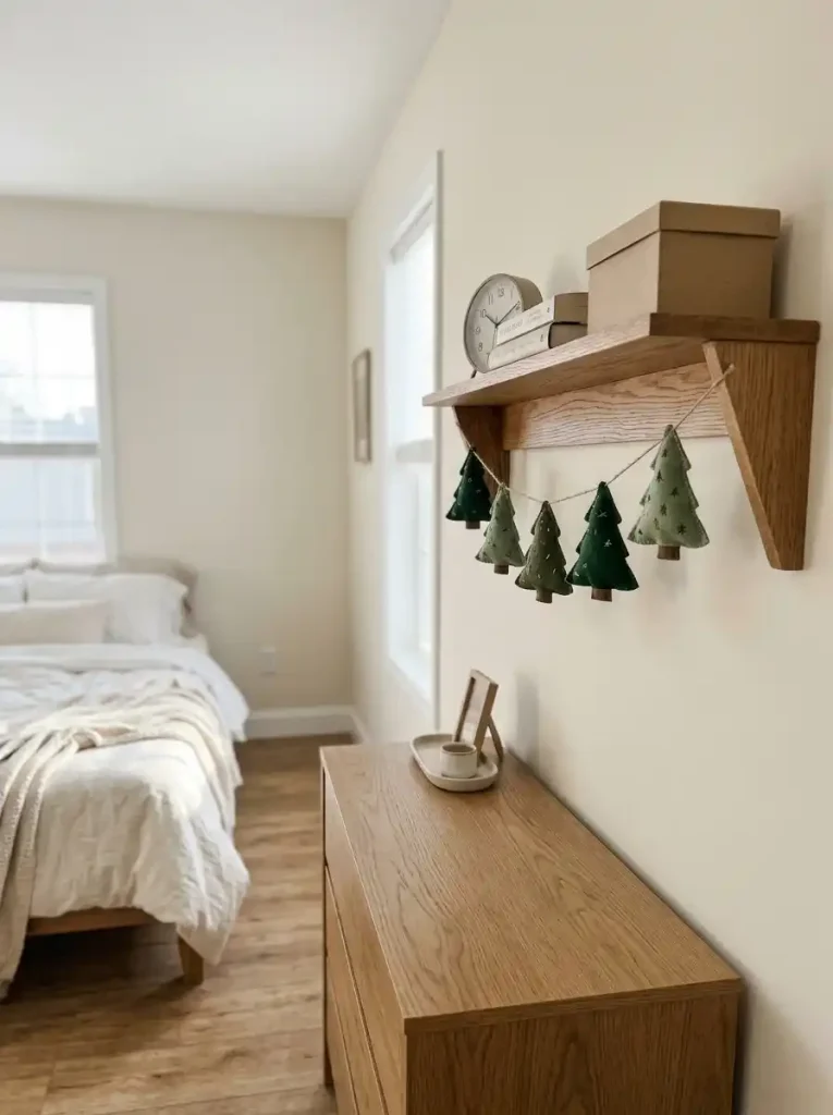 Short green felt Christmas tree garland hangs under a stable wall shelf in a compact mobile home bedroom.
