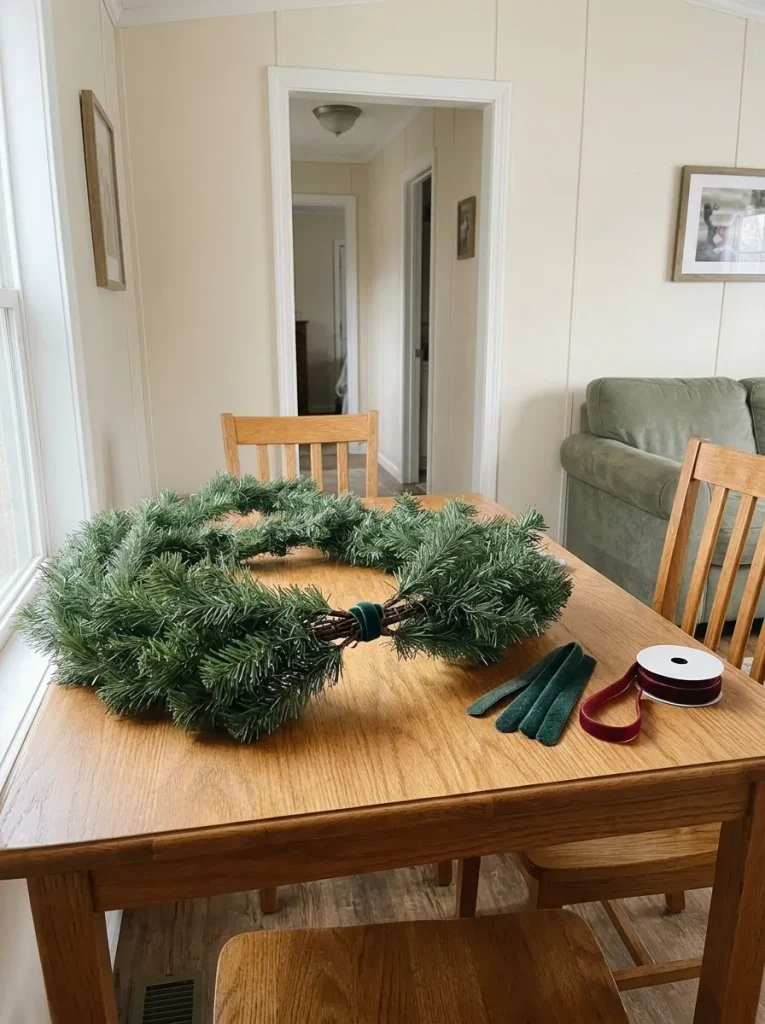 Two artificial Christmas garland sections joined with a reusable tie on a dining table near a mobile home doorway.
