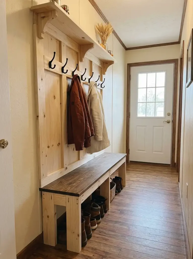 Slim pine entry bench beneath a wall-mounted timber coat rack with black hooks and guest jackets in a mobile home.