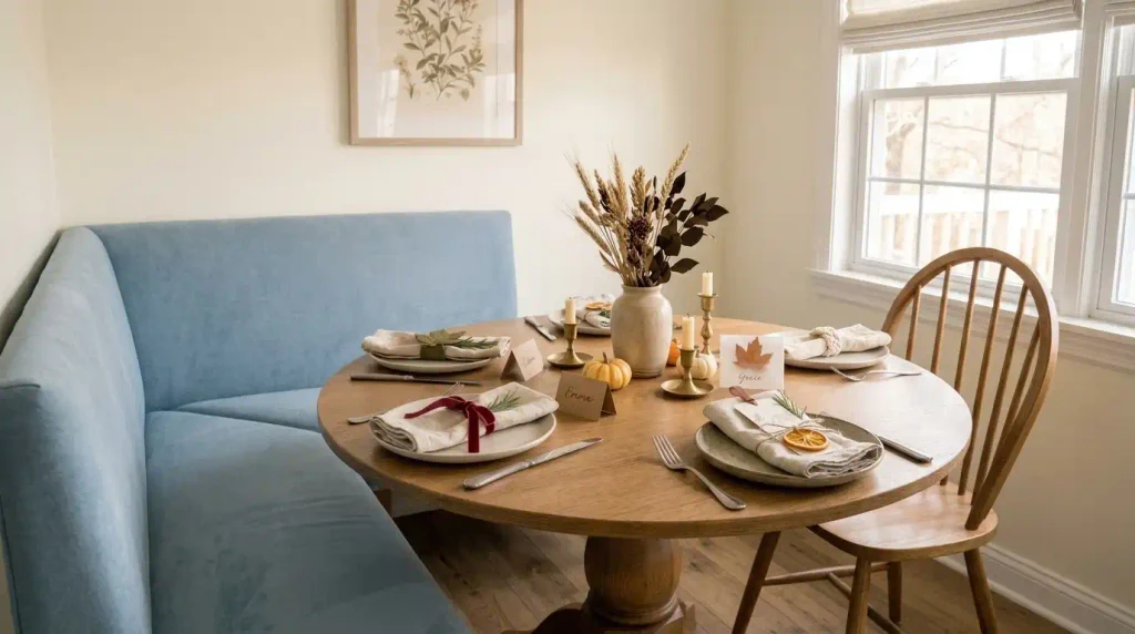 Handmade Thanksgiving place cards and napkin rings arranged on a small round oak table in a cozy cottage dining nook.