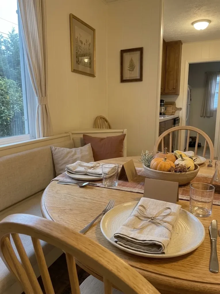 Simple paper place cards, tied napkins, and existing cream dinner plates on a small Thanksgiving table.