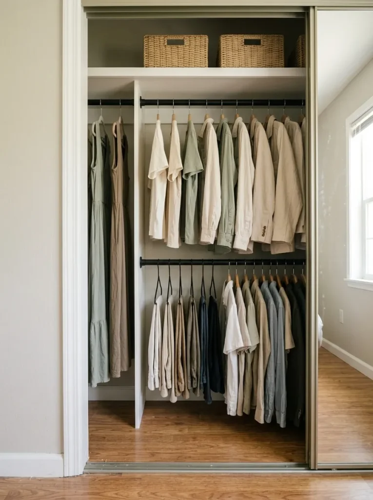 Small manufactured-home closet with upper and lower hanging rods for short clothes and a separate full-height section for dresses.