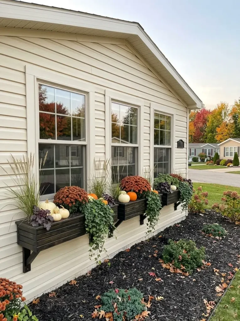 Three related but non-identical fall window boxes across a pale double-wide mobile home with mums, grasses and pumpkins.