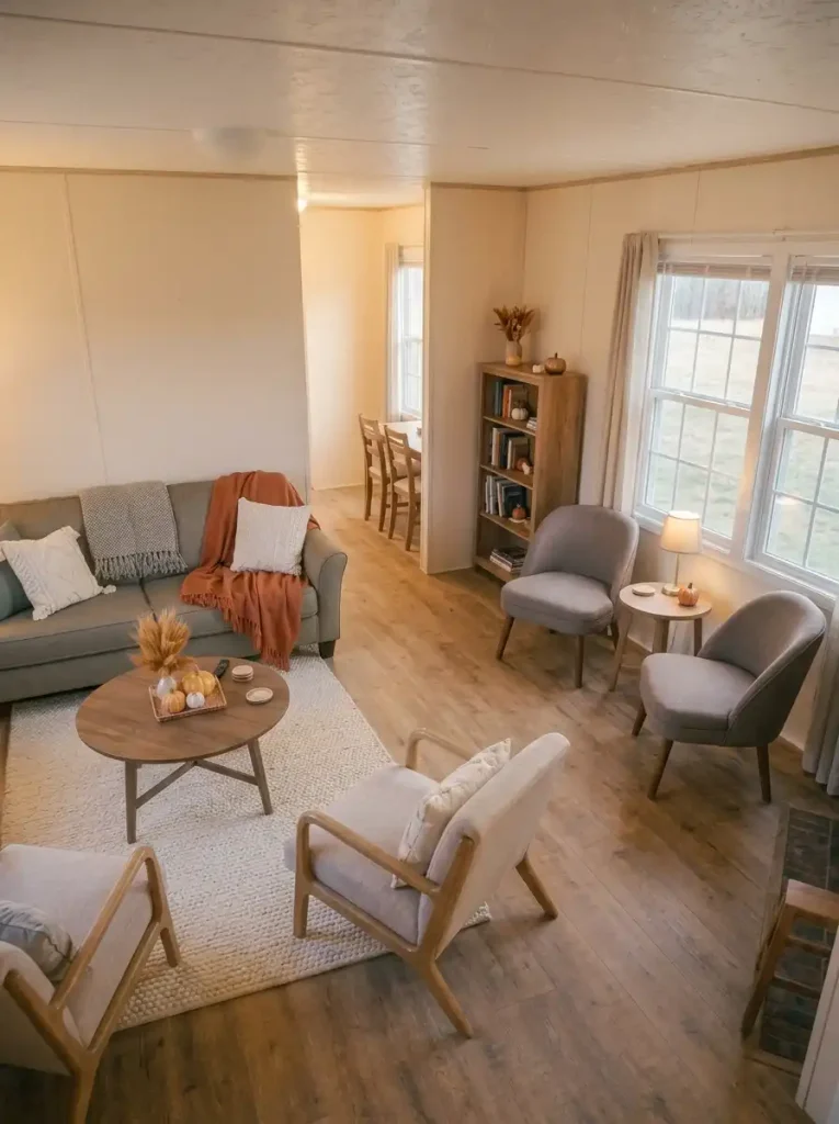 Double-wide living room with a main sofa conversation group and a separate two-chair seating area connected by open floor space.