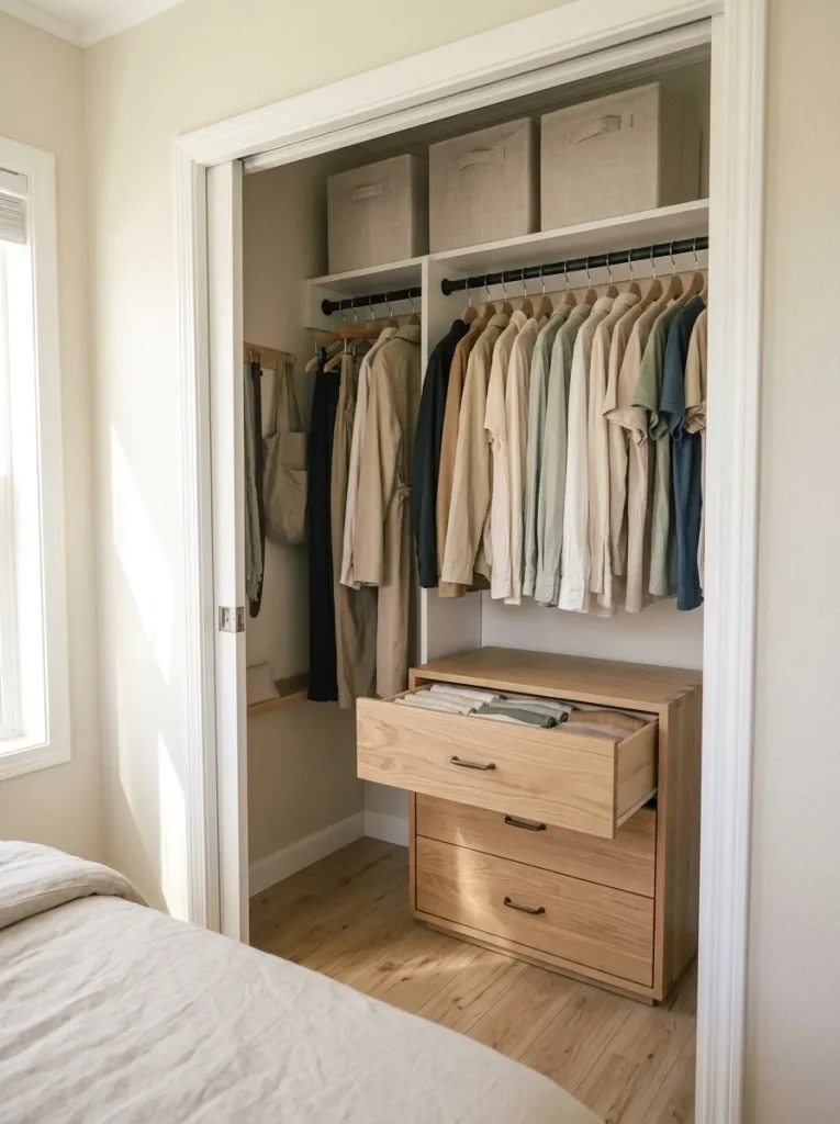 Compact oak drawer unit beneath short hanging garments in a small mobile home closet, with one drawer open to show folded clothes.