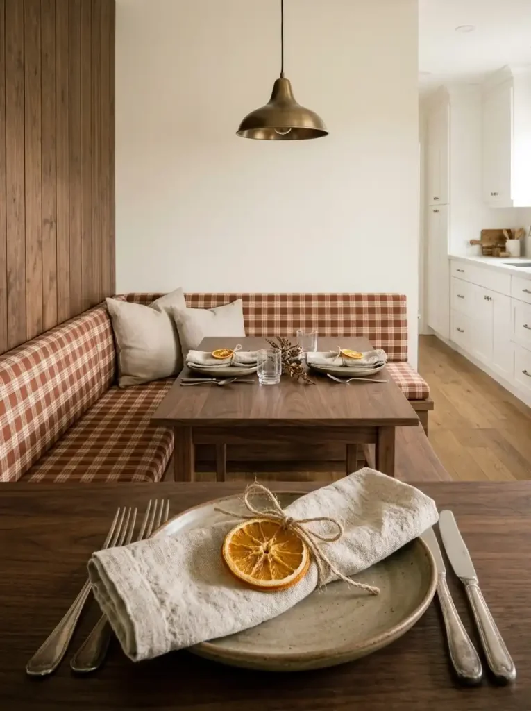 Dried orange slices tied with cotton twine around linen napkins on a narrow walnut Thanksgiving dining table.