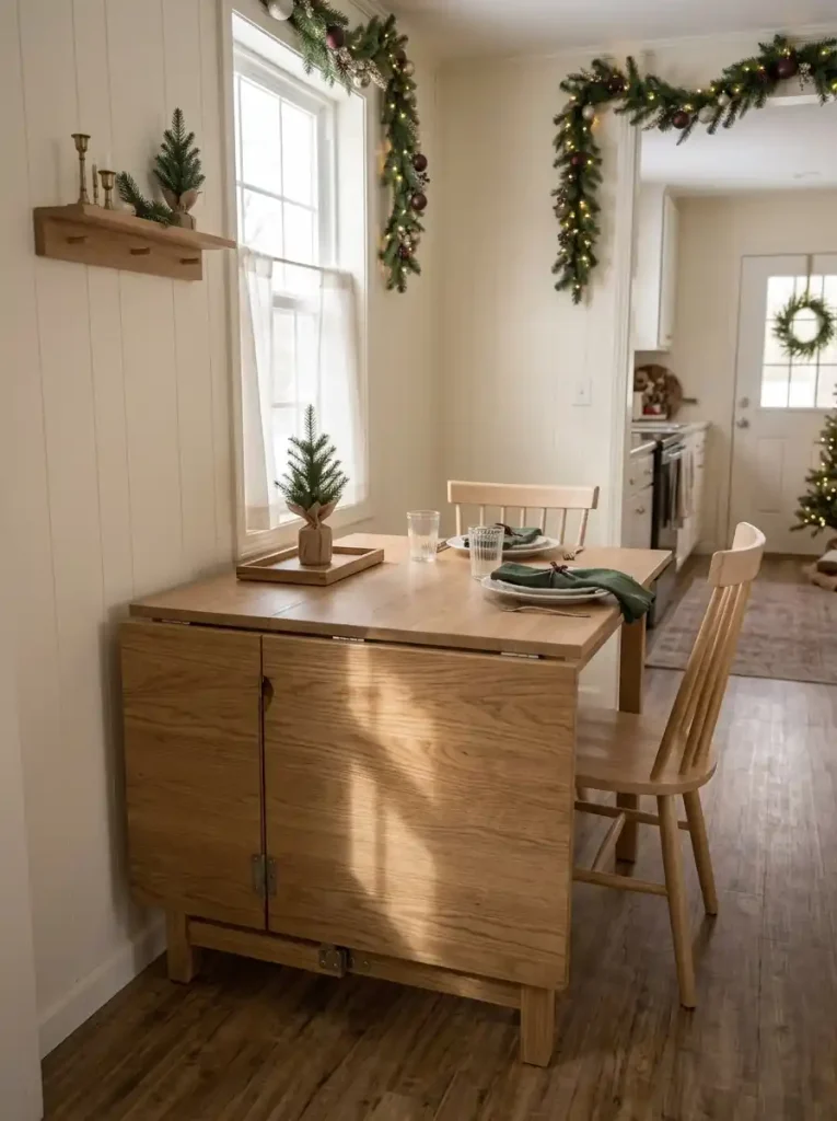 Compact drop-leaf Christmas dining table with one leaf folded, two white place settings, and forest-green napkins.