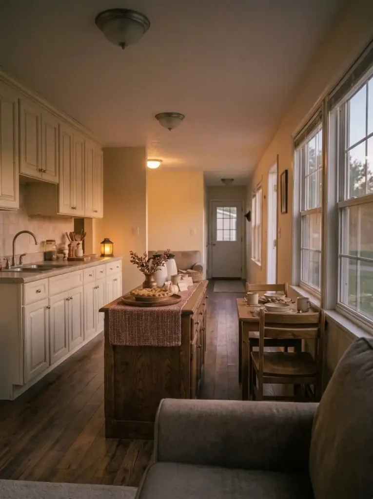 Low, reachable dessert plates and an open mug landing space beside a mobile home living area.