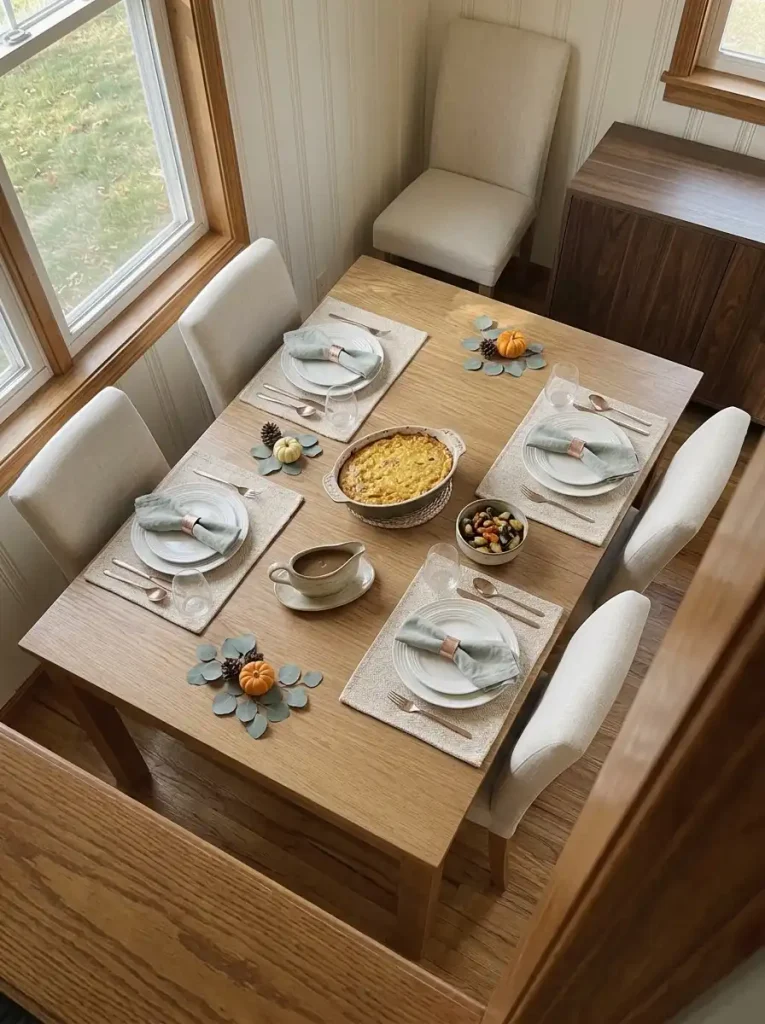 Three separated eucalyptus clusters arranged between Thanksgiving serving dishes on a narrow dining table.